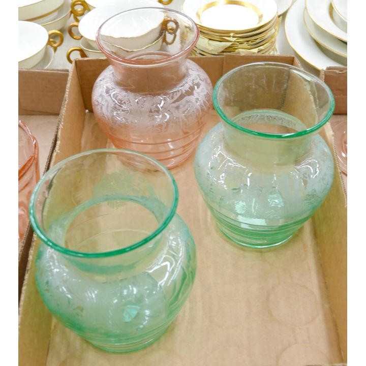 Box 3pc Colored Etched Glass Vases