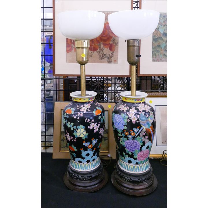 Pair Famille Noir Old Porcelain Vase Table Lamps- 34''