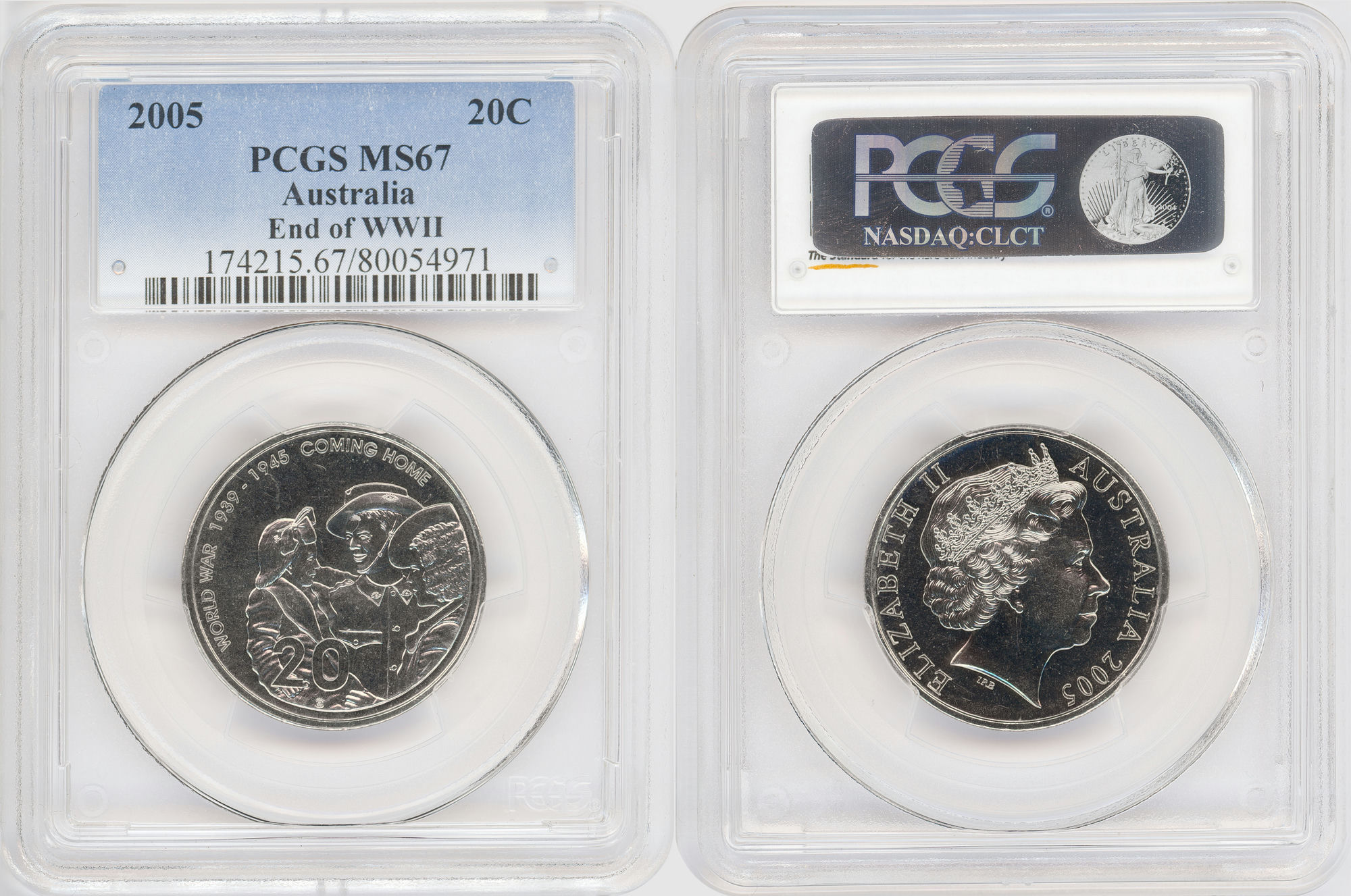 57 · End of WWII , Twenty Cent, 2005, PCGS MS67