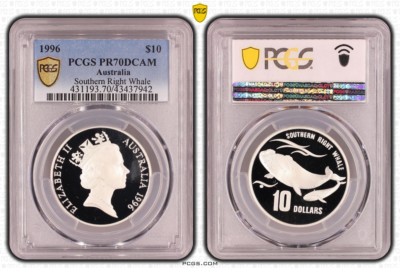Elizabeth II, Silver, Southern Right Whale, Ten Dollar, PR70DCAM , 1996 PCGS POP - 5/0