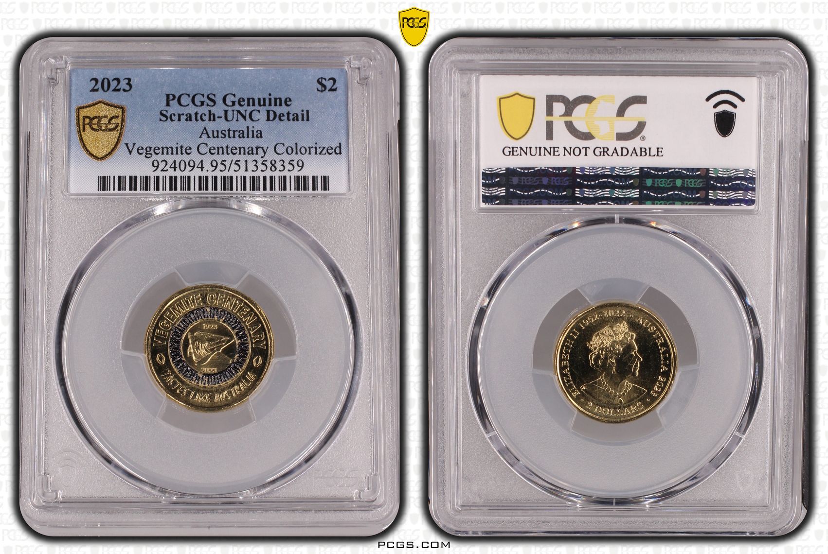 Vegemite Centenary Colorized Tastes Like Australia, Two Dollar, 2023, PCGS Genuine - UNC Details (95 - Scratch)