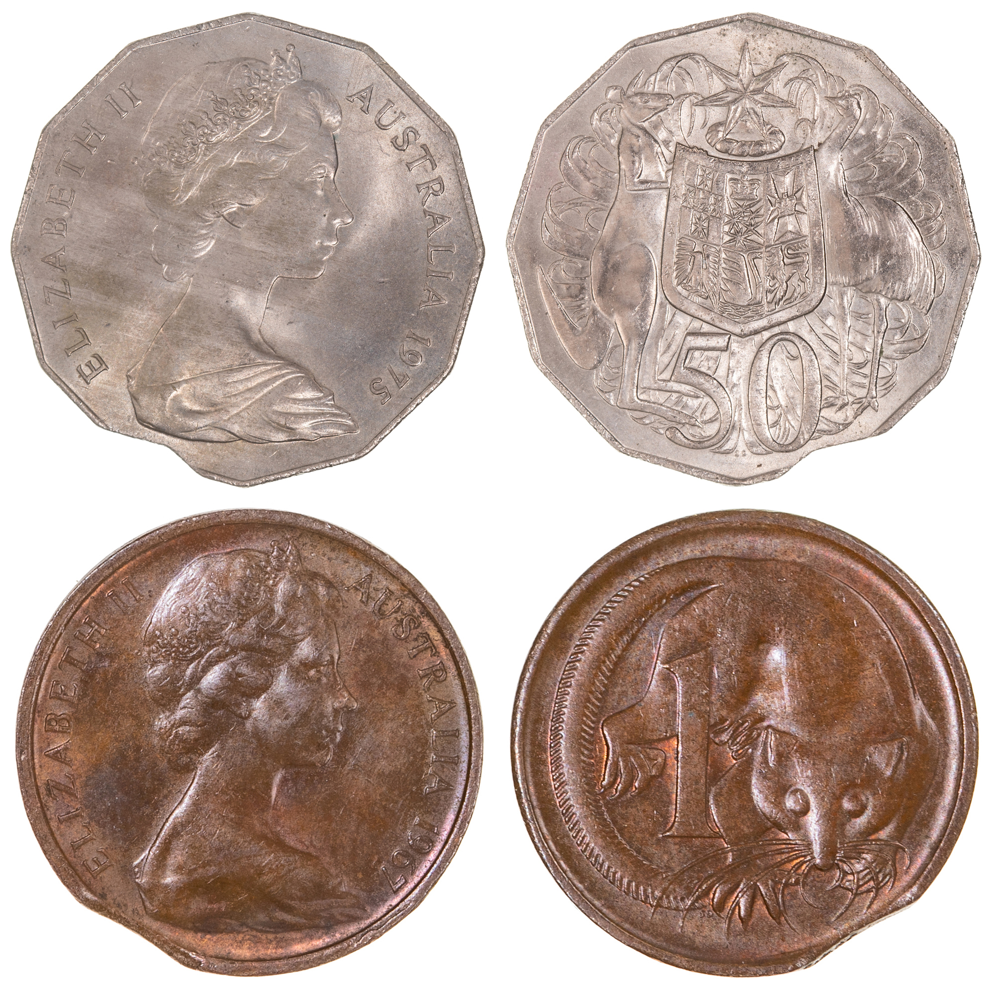 Elizabeth II, One Cent & Fifty Cent, 1967 - 1975, VF - EF