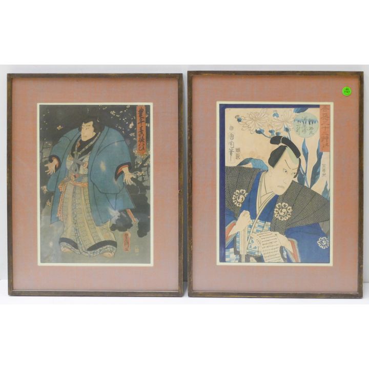 Pair Antique Japanese Samurai Woodblock Prints Framed 19''x15''