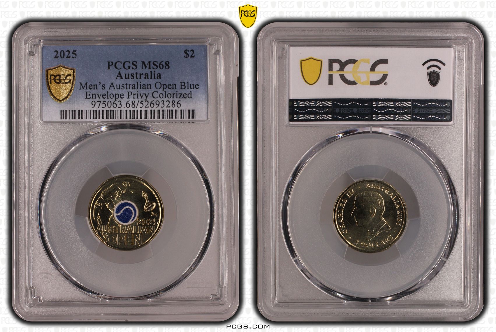 Men's Australian Open Blue Envelope Privy Colourised, Two Dollar, 2025, PCGS MS68