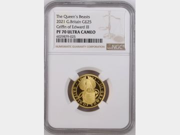 2021 QUEEN'S BEAST GRIFFIN OF EDWARD III PROOF GOLD 25 POUND PF70 UCAM TOP POP!