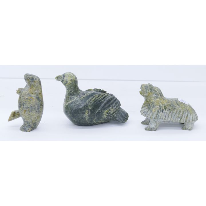 3pc Inuit Green Soapstone Animal Carvings- 3'' to 4''