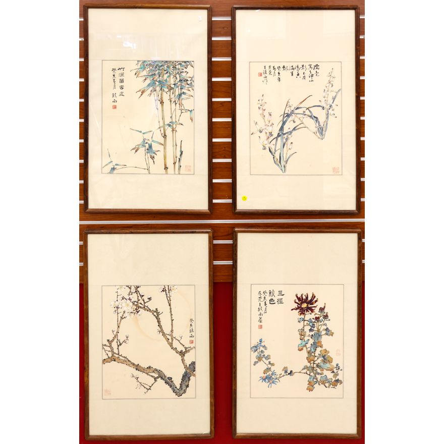 Set Japanese 4 Seasons Watercolor Scroll Paintings Framed 30''x19'' Each