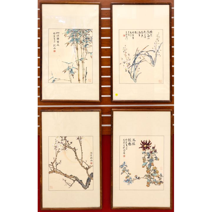 Set Japanese 4 Seasons Watercolor Scroll Paintings Framed 30''x19'' Each