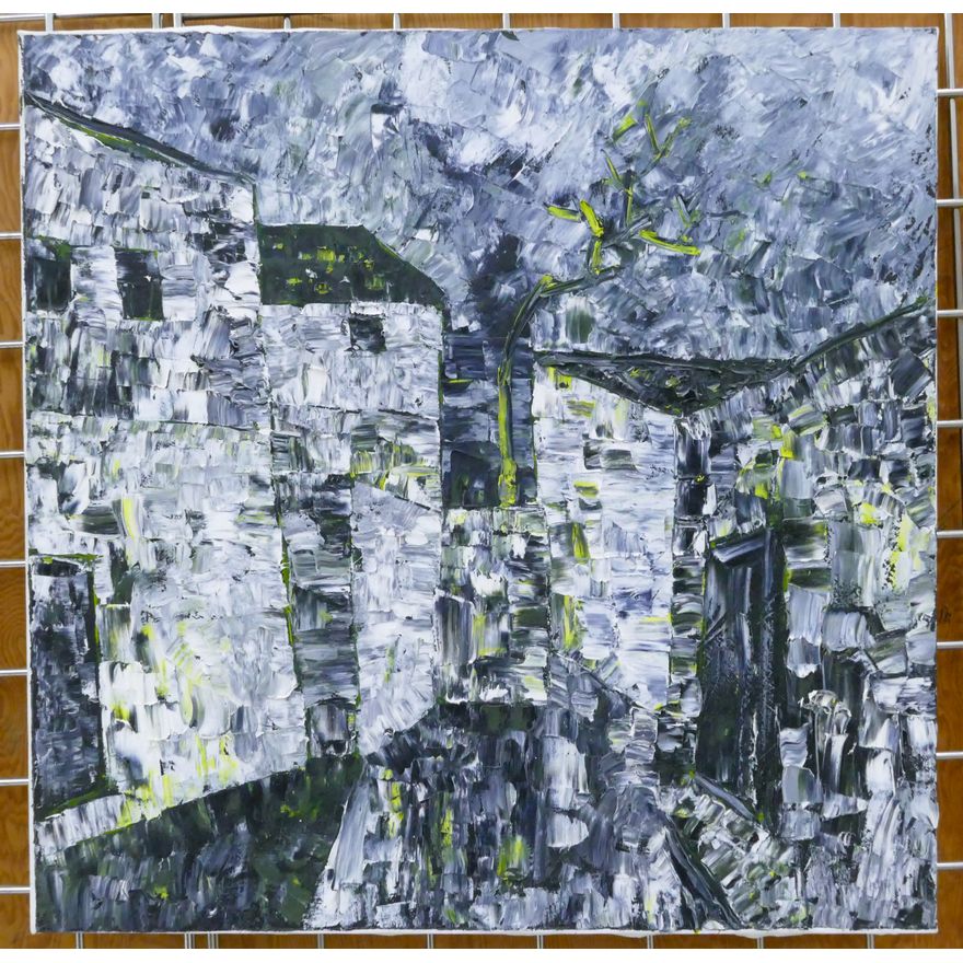 Abstract Expressionist City Scene Oil Painting 24''x24''