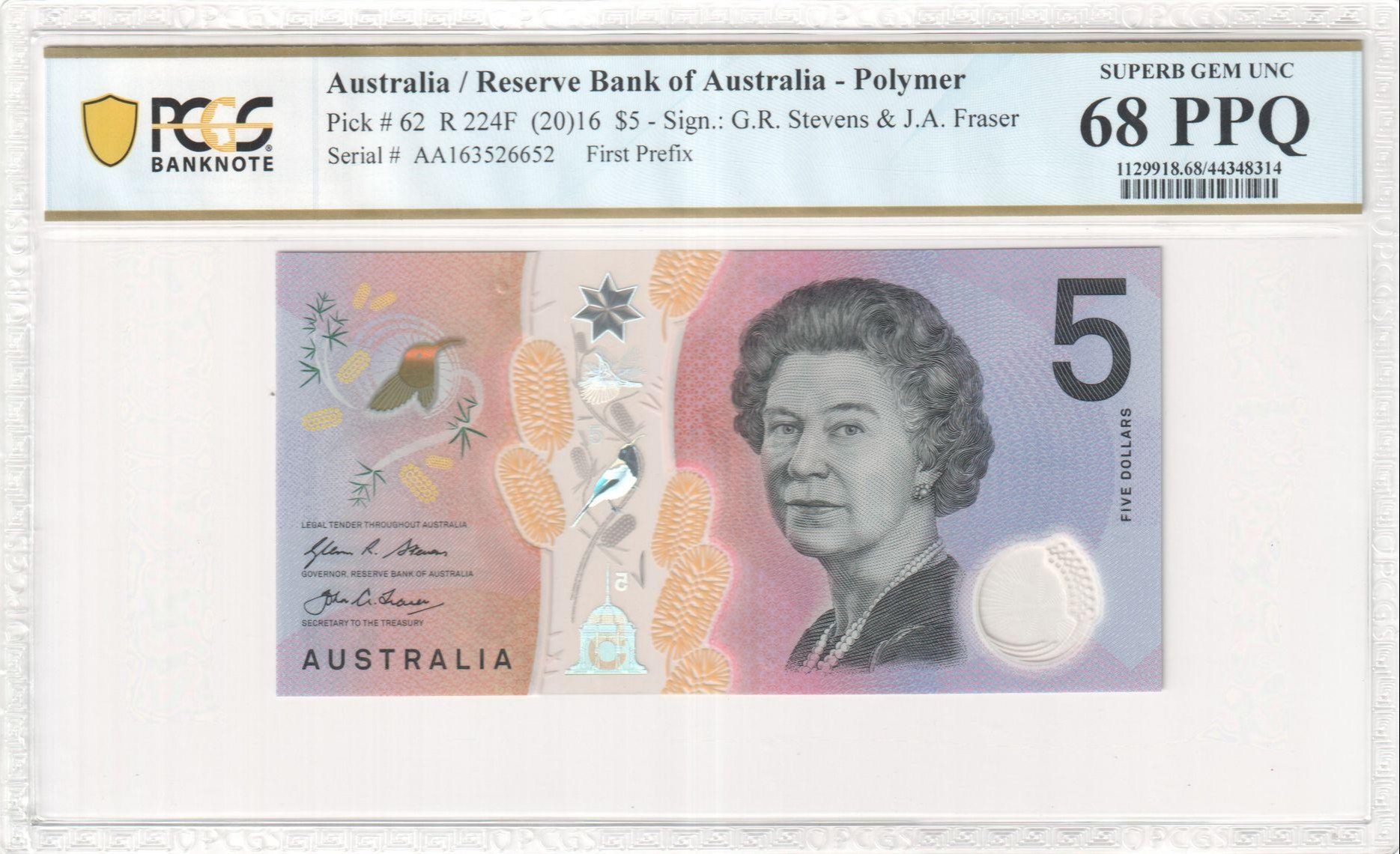 156 · RBA, Polymer, Sign.: G.R. Stevens & J.A. Fraser, First Prefix, Five Dollar, 2016, PCGS - Superb Gem UNC 68 PPQ
