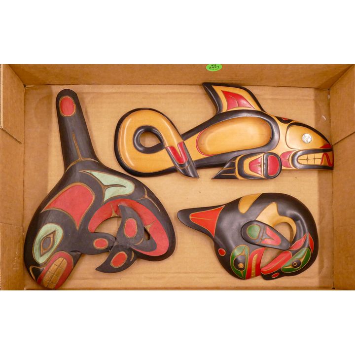Box 3pc NW Coast Cedar Plaques- Jim Charlie, Richard White Eagle, Etc