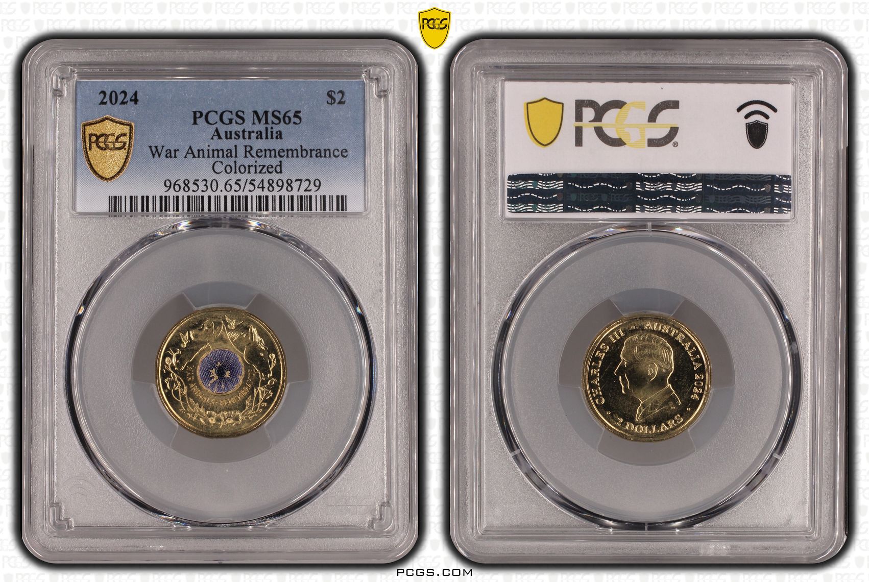 War Animal Remembrance Colourised, Two Dollar, 2024, PCGS MS65