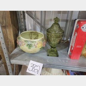 Green lidded compote and floral hanging pottery basket
