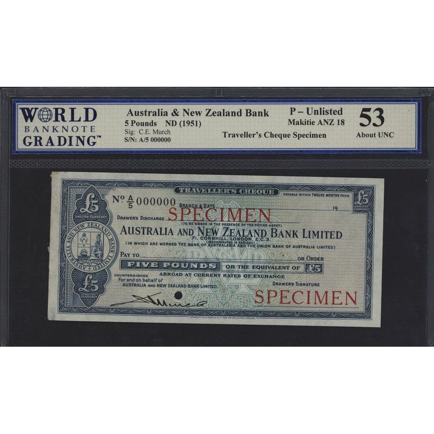 Australia & New Zealand Bank, traveller's cheque specimen £5, ND (1951 ...