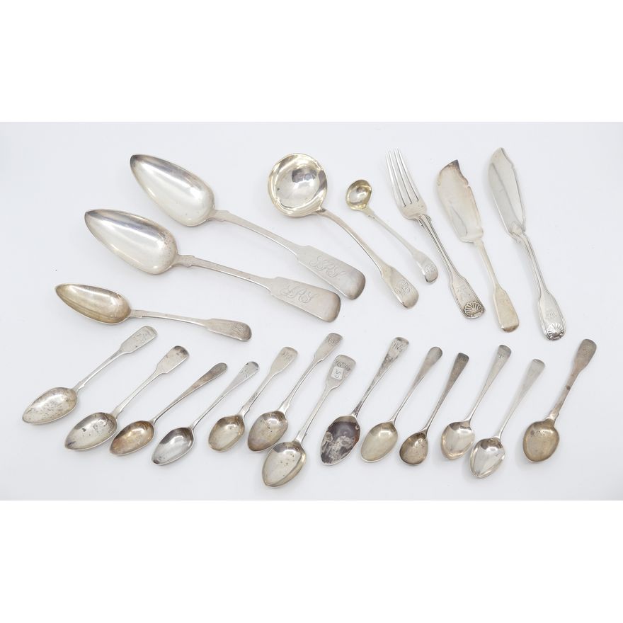 21pc English Georgian Silver Flatware- 526g TW. Includes 2pc Serving Spoons