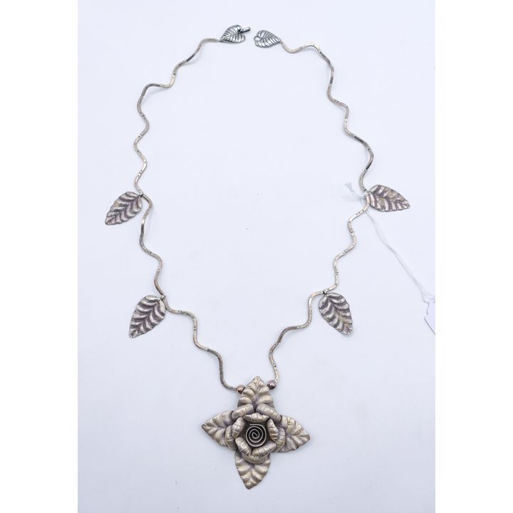 Hand Worked Sterling Floral Long Art Necklace 30'' - 73 Grams, 3'' pendant