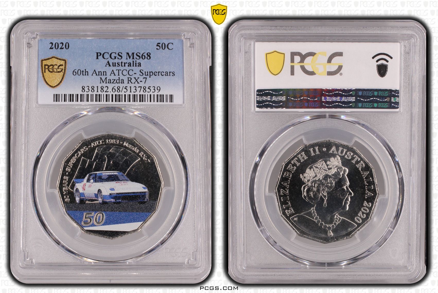 60th Ann ATCC- Supercars Mazda RX-7 Colorized, Fifty Cent, 2020, PCGS MS68