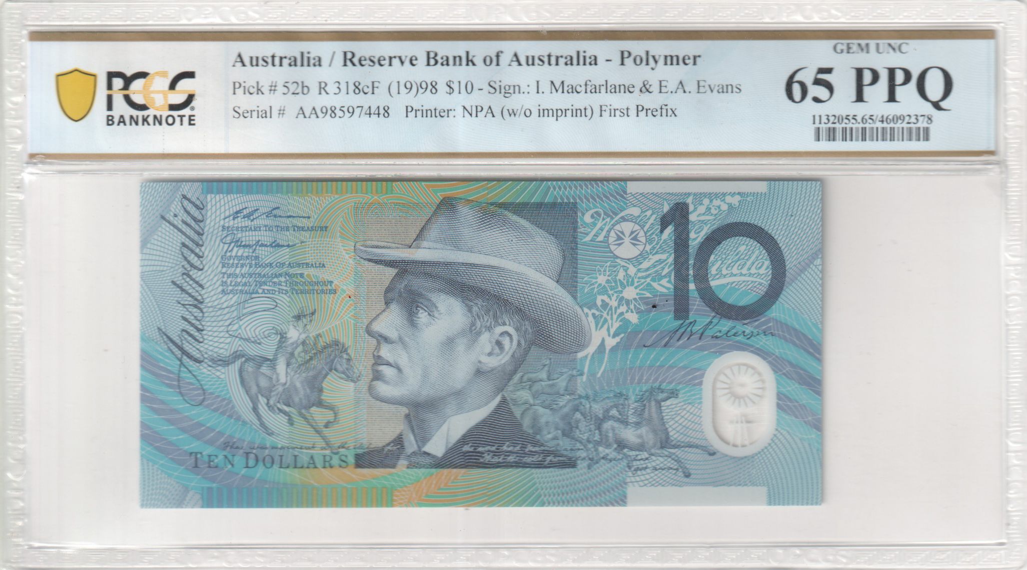 1998 $10 Macfarlane/Evans Gem Unc 65 PPQ First Prefix