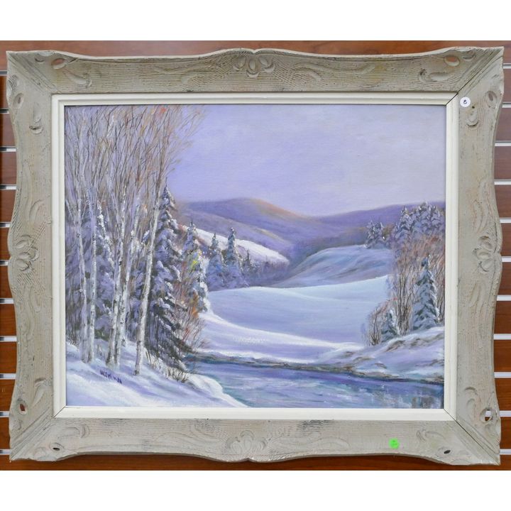 Vintage Winter Landscape with Stream Oil Framed 31''x37'' - Illegibly signed