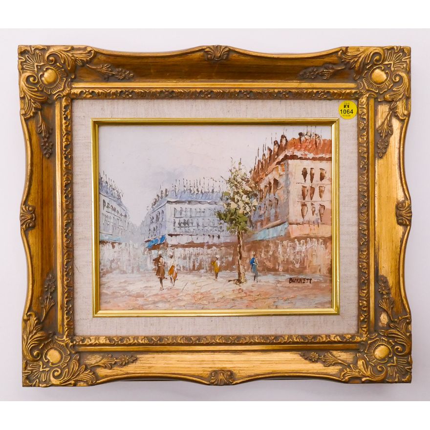 Caroline Burnett (1877-1950) Paris Street Scene Oil on Board Painting in Ornate Frame- 13x15.5''