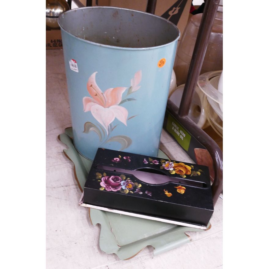 3pc Vintage Painted Tin Bathroom Items