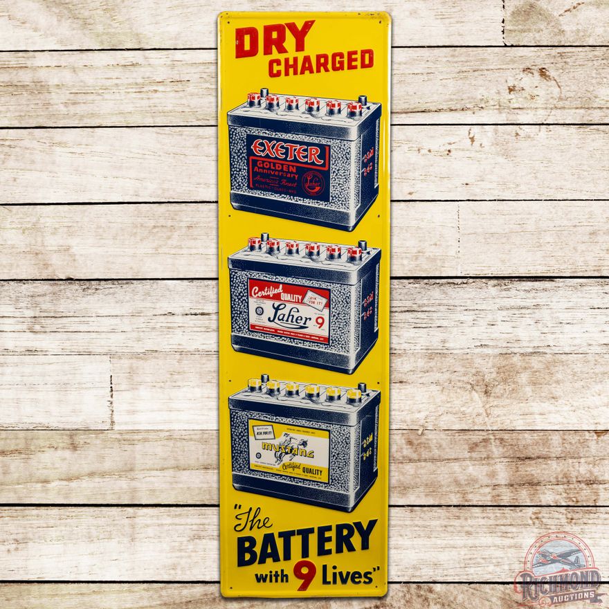 Laher Mustang Exeter Batteries Vertical Embossed SST Sign w/ Logo