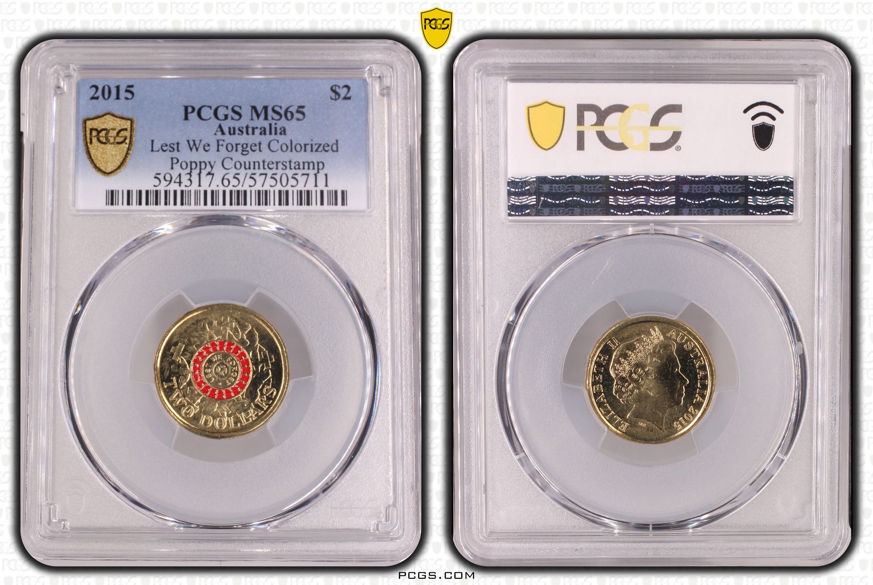 Lest We Forget Colourised Poppy Counterstamp, Two Dollars, 2015, PCGS MS65
