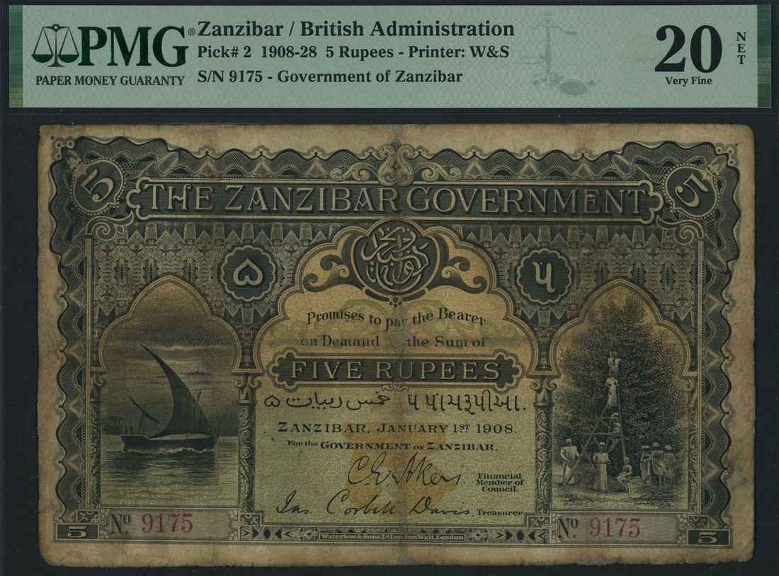 The Zanzibar Government, 5 Rupees, 1st January 1908, red serial number ...