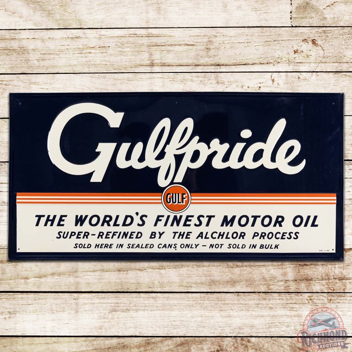Gulfpride "The World's Finest Motor Oil" Embossed SS Tin Sign w/ Logo