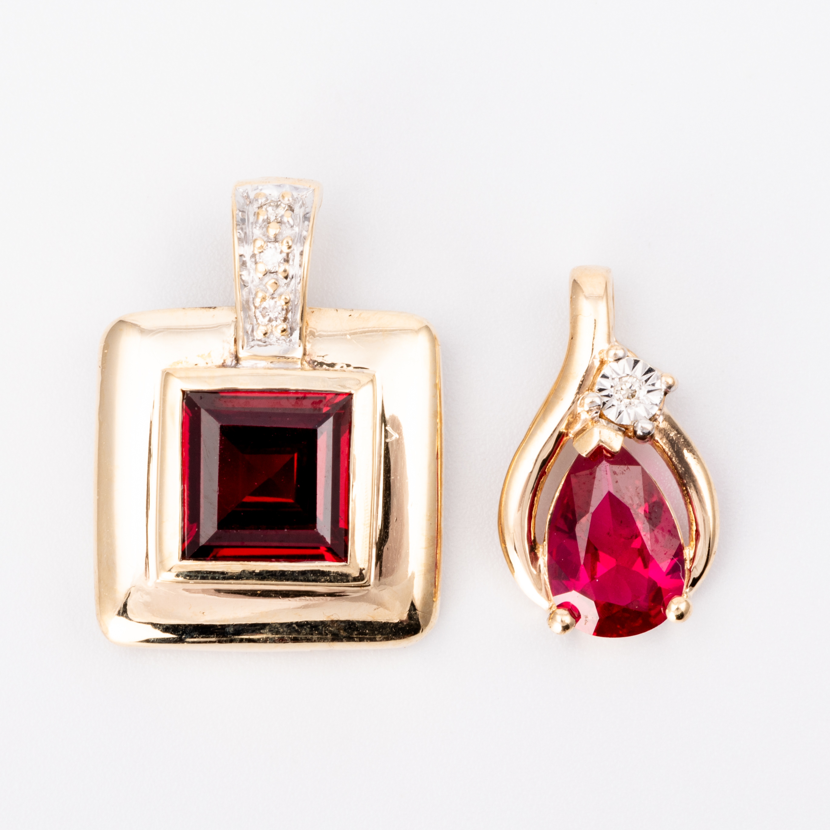 Two Diamond & Synthetic Ruby Pendants 9ct Gold