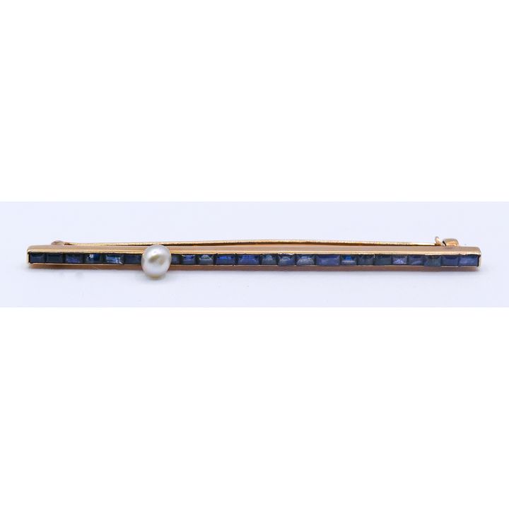 Art Deco 14k Sapphire & Pearl Bar Pin 3'' - 6.2 Grams