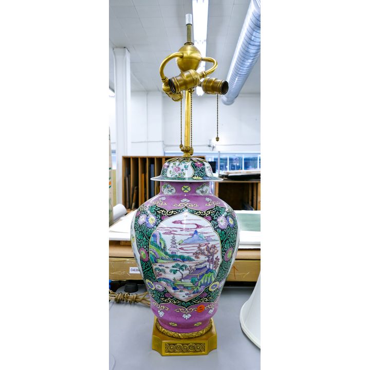 Fine Chinese Bronze Mounted Porcelain Jar Table Lamp 30''