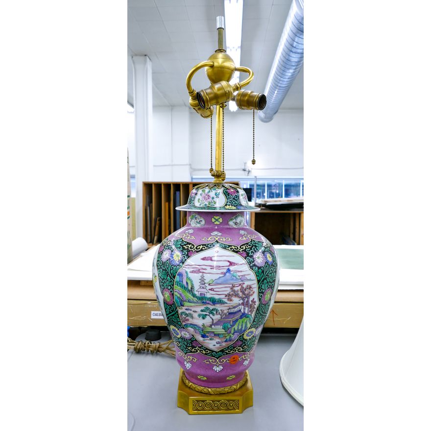 Fine Chinese Bronze Mounted Porcelain Jar Table Lamp 30''