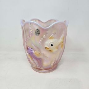 Vintage 1970s Fenton Pink Opalescent Iridescent Glass Atlantis Fish Vase