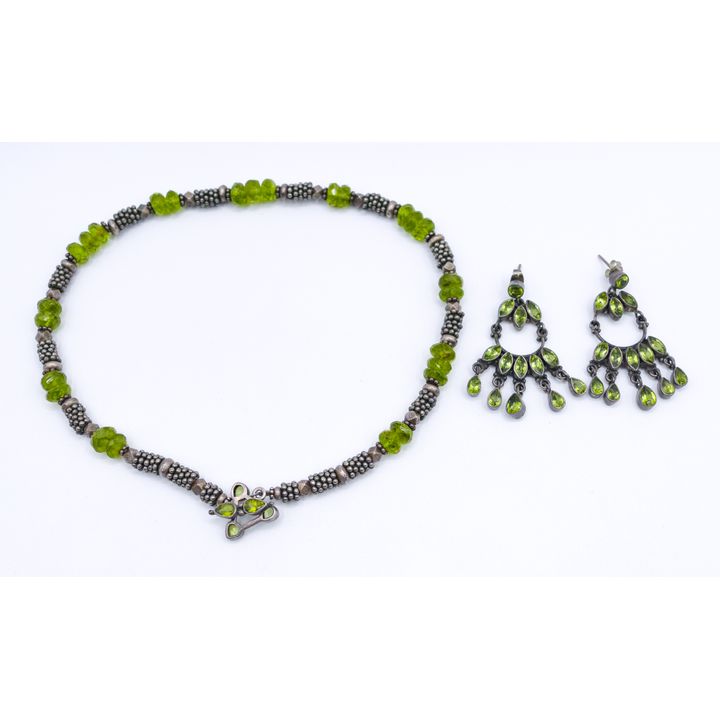 Box Sterling Peridot Bead Necklace & Earring Set