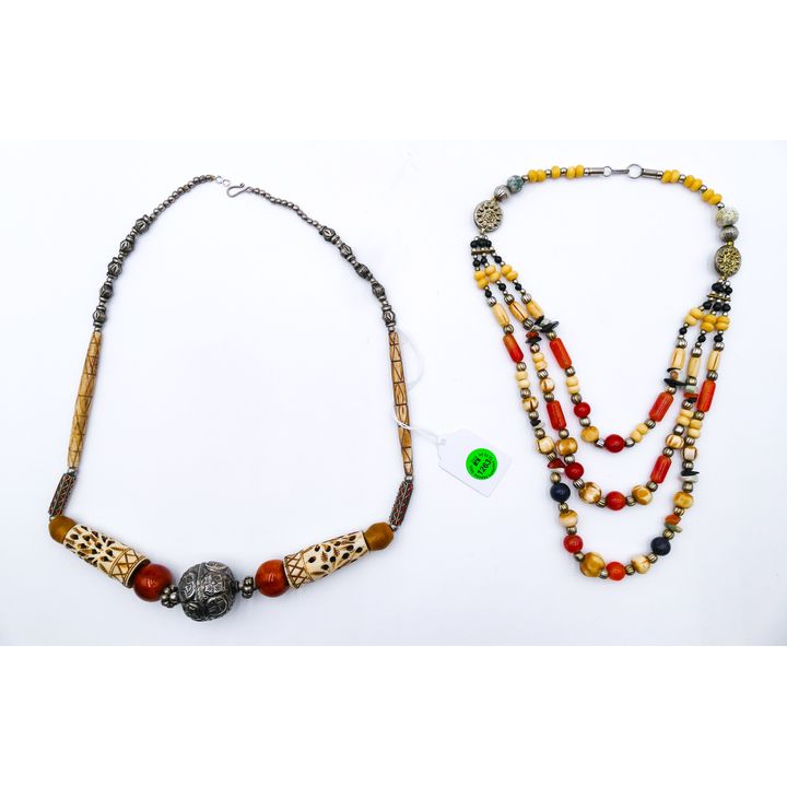 2pc Carved Bone Beaded Art Necklaces