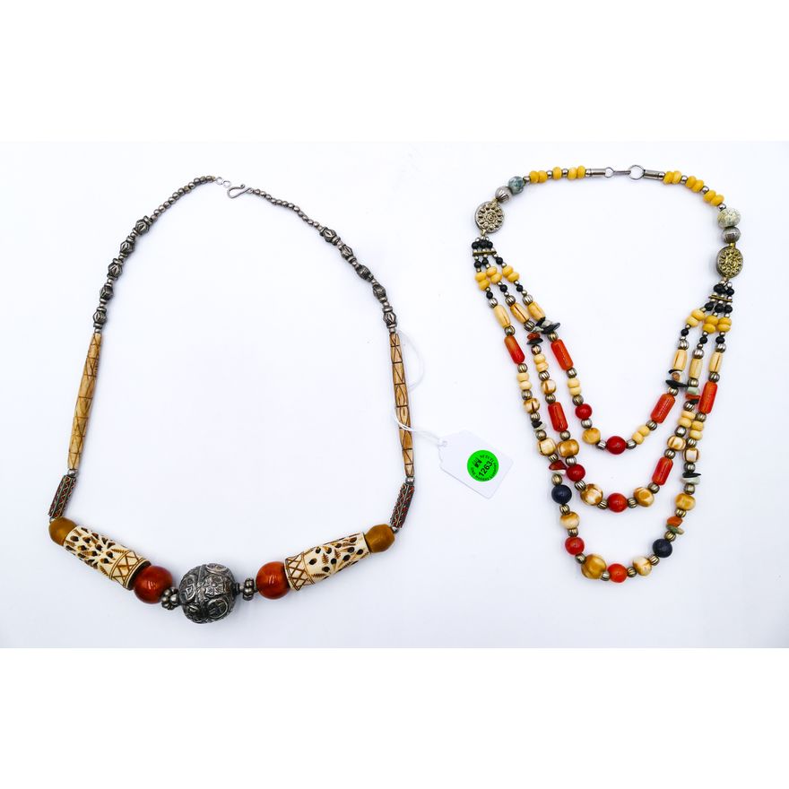 2pc Carved Bone Beaded Art Necklaces