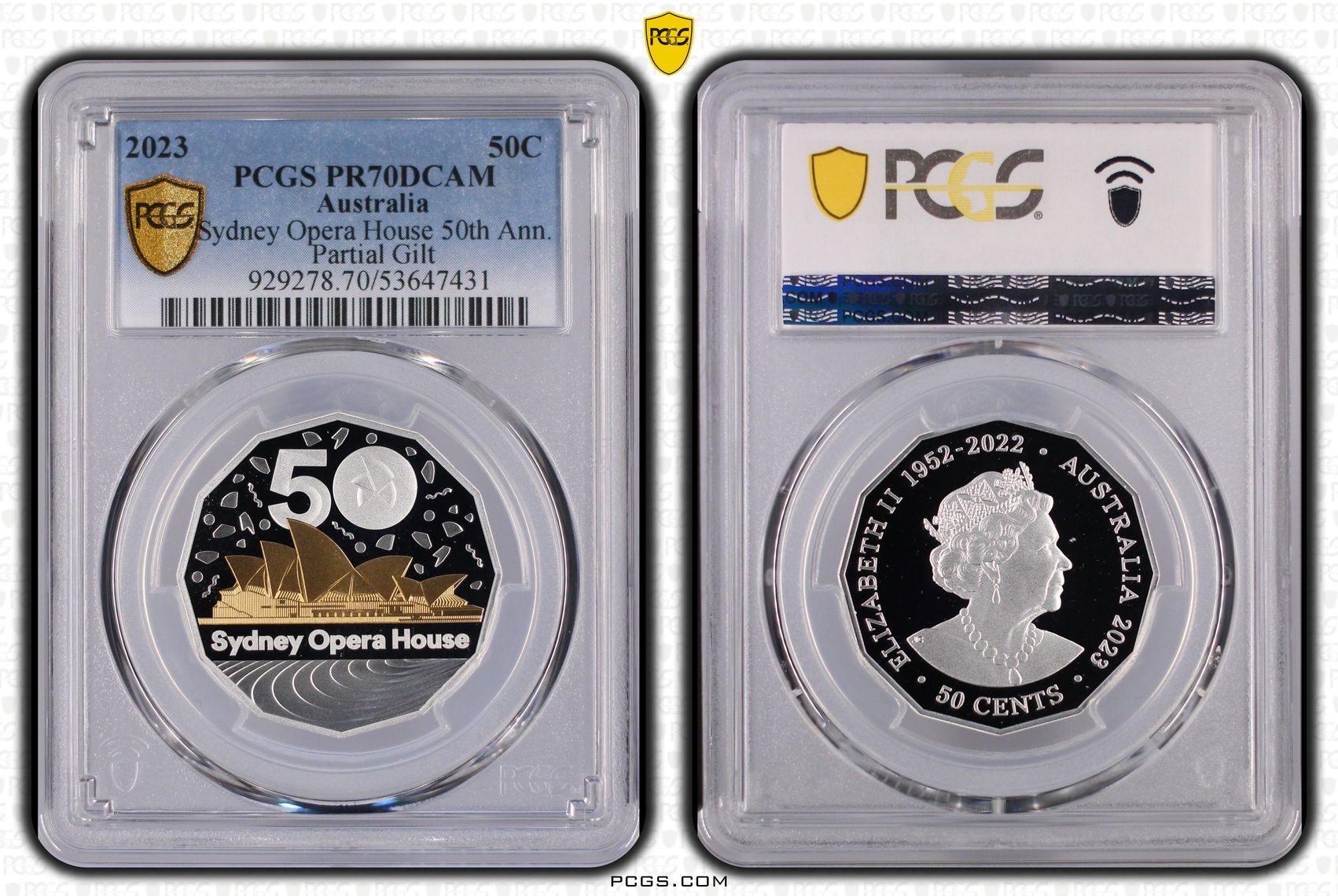 Sydney Opera House 50th Ann. Ag Partial Gilt, Fifty Cent, 2023, PCGS PR70DCAM