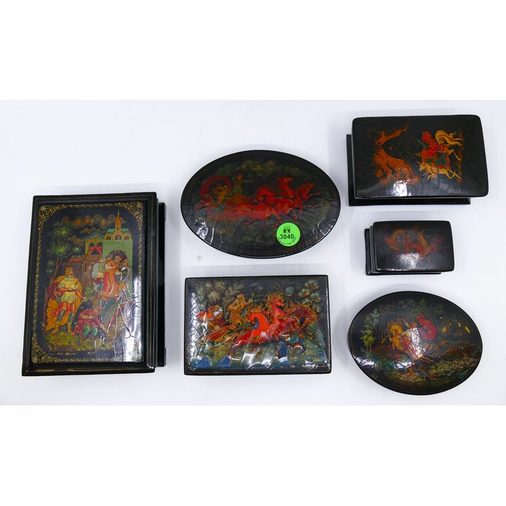 Tray 6pc Russian Lacquered Fairytale Boxes 2.5'' to 5.5''