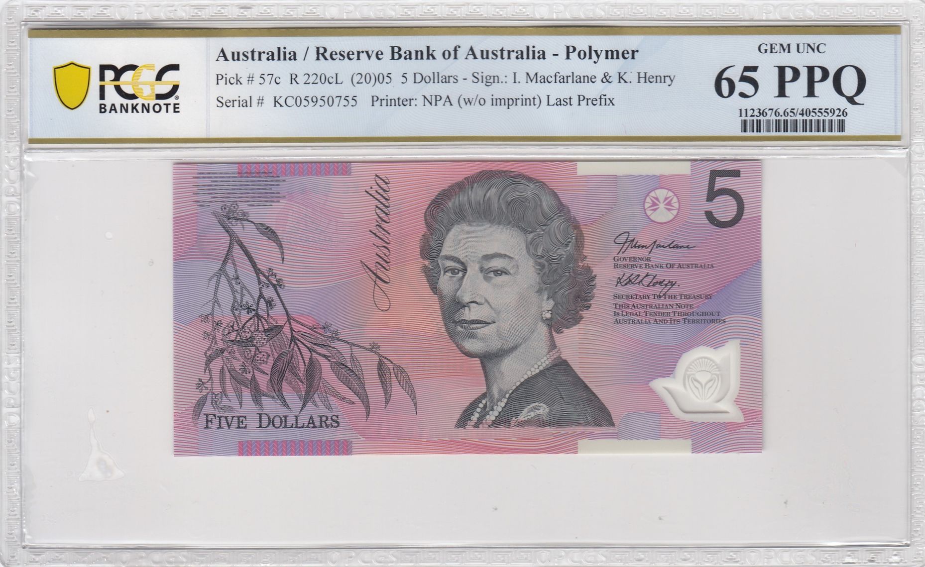 Macfarlane/ Henry, Last Prefix, Five Dollar, 2005, PCGS Gem UNC 65 PPQ