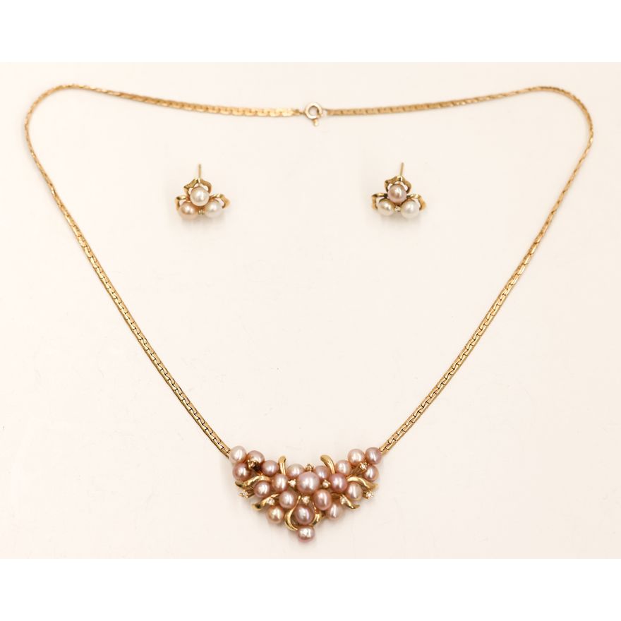 14k Multi-Color Pearl Diamond Necklace & Earring Set