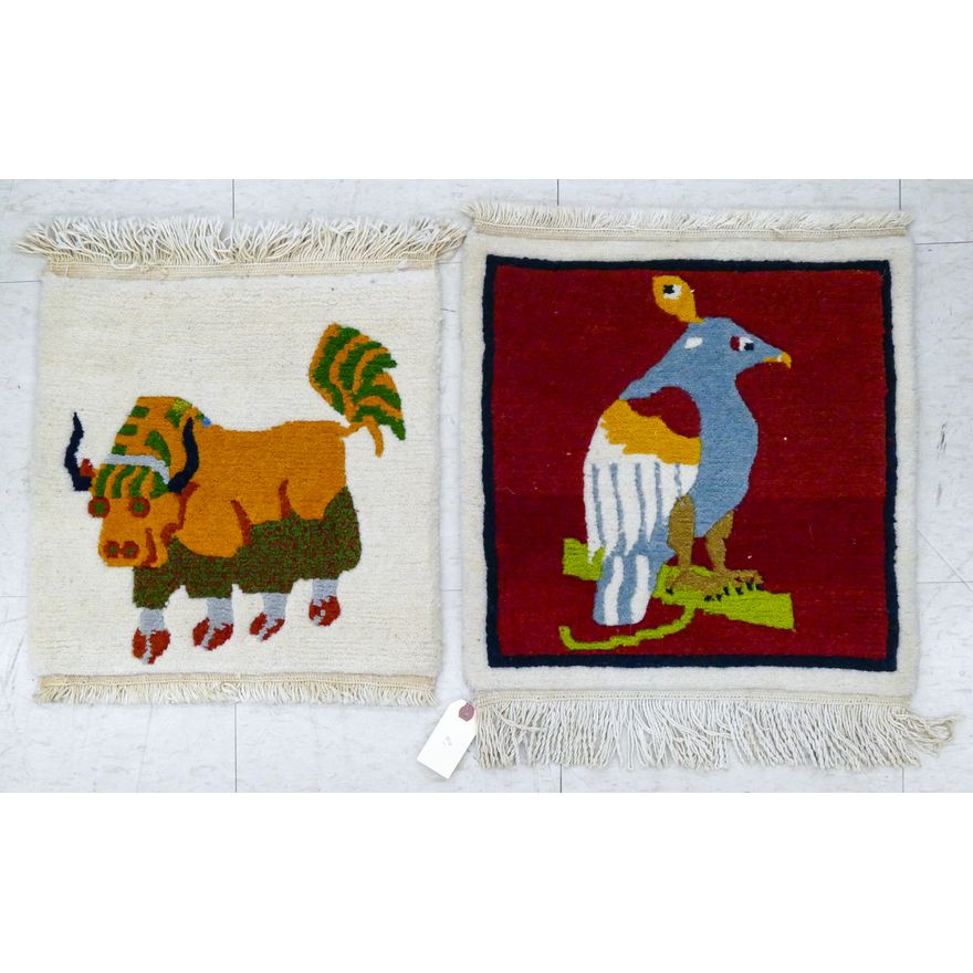 2pc Nepalese Mid Century Small Animal Rug Mats 17''x16''
