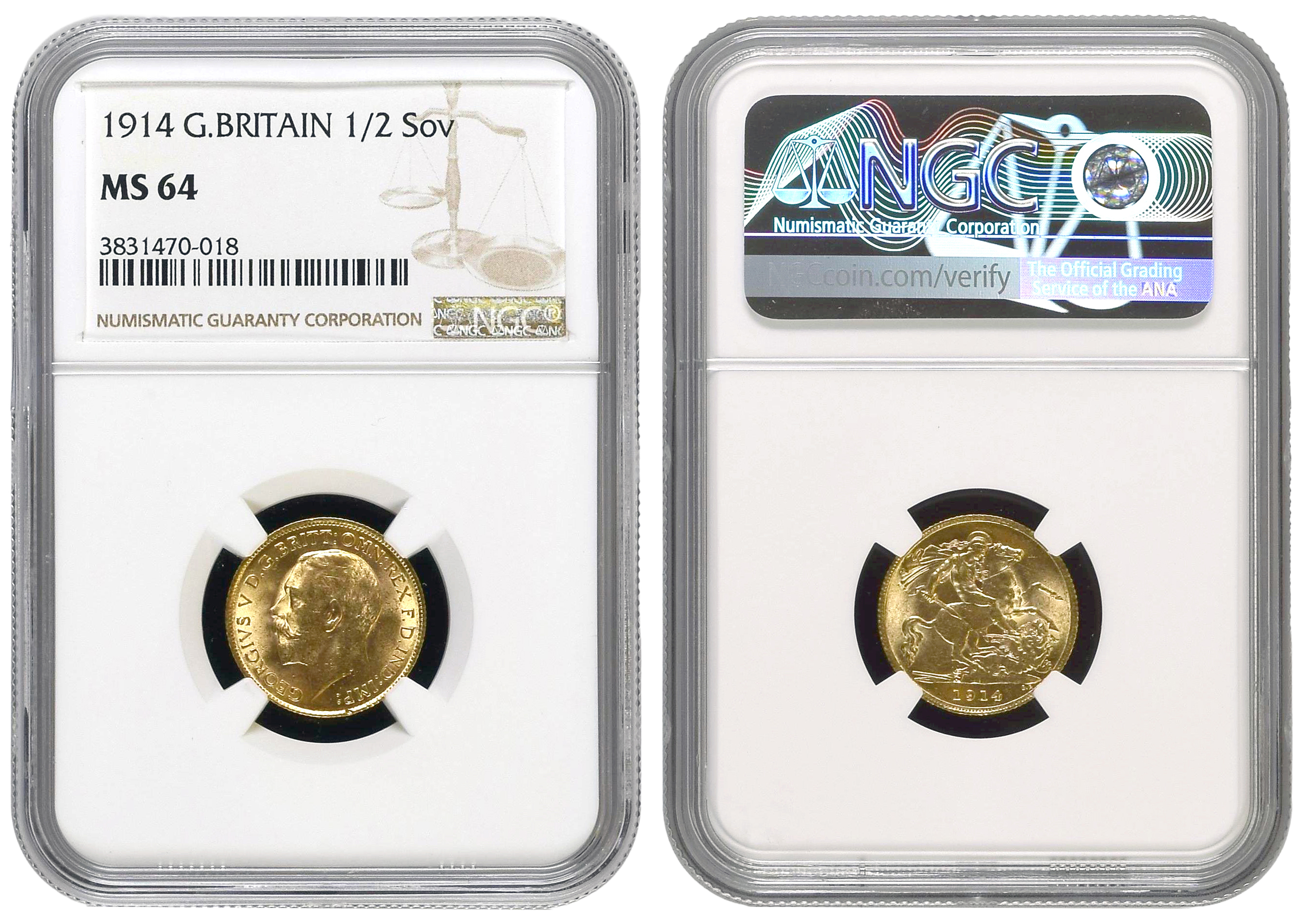 111 · Great Britain, George V, St George Reverse, Half Sovereign, 1914, PCGS MS64