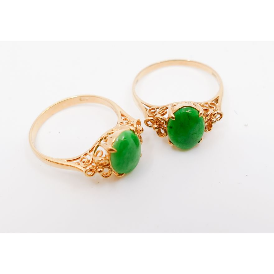 Pair Ladies 14K Jade Cabochon Rings- Size 6.5- 4.6g