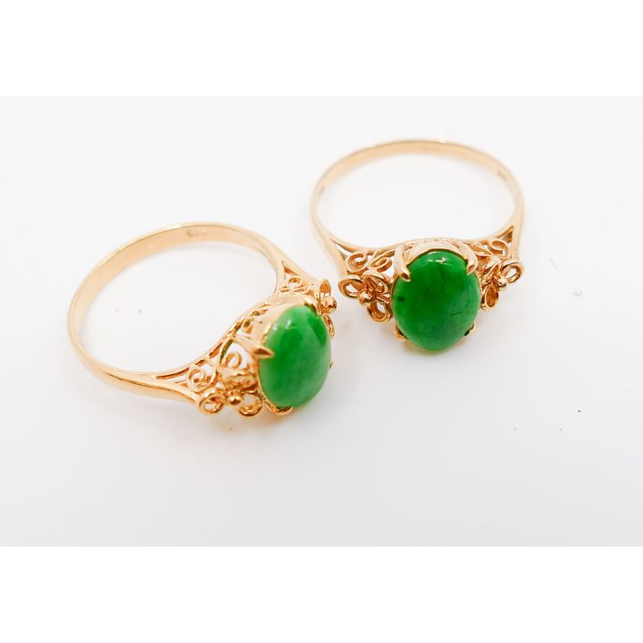 Pair Ladies 14K Jade Cabochon Rings- Size 6.5- 4.6g