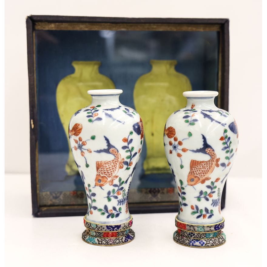 Pair Chinese Wucai Porcelain Fish Vases in Box