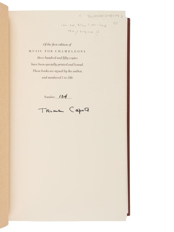 CAPOTE, Truman. Music for Chameleons. FIRST EDITION, LIMITED ISSUE. SIGNED. 