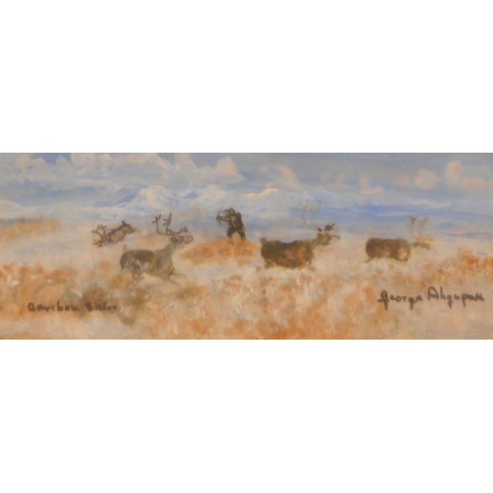 George Ahgupuk Caribou Painting on Caribou Skin Framed 8''x14''