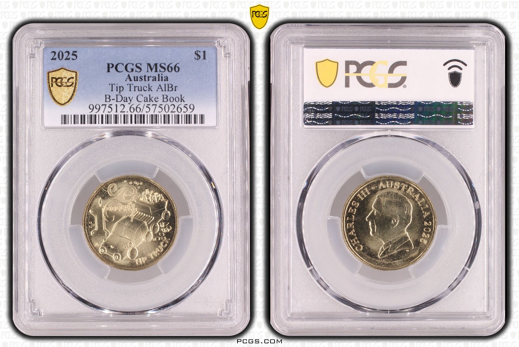 423 · Tip Truck AlBr B-Day Cake Book, One Dollar, 2025, PCGS MS66