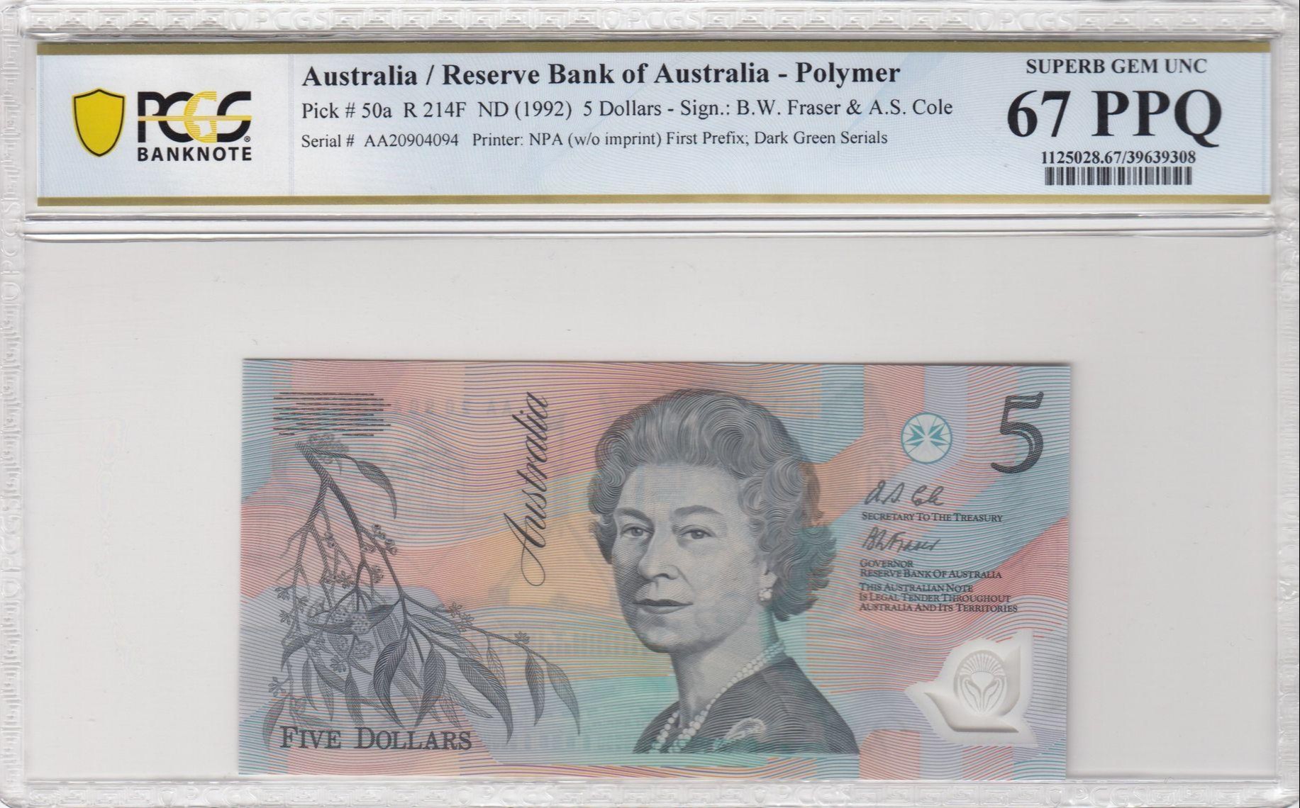 122 · RBA, Polymer, Sign.: B.W. Fraser & A.S. Cole, First Prefix; Dark Green Serials, Five Dollar, ND (1992), PCGS - Superb Gem UNC 67 PPQ